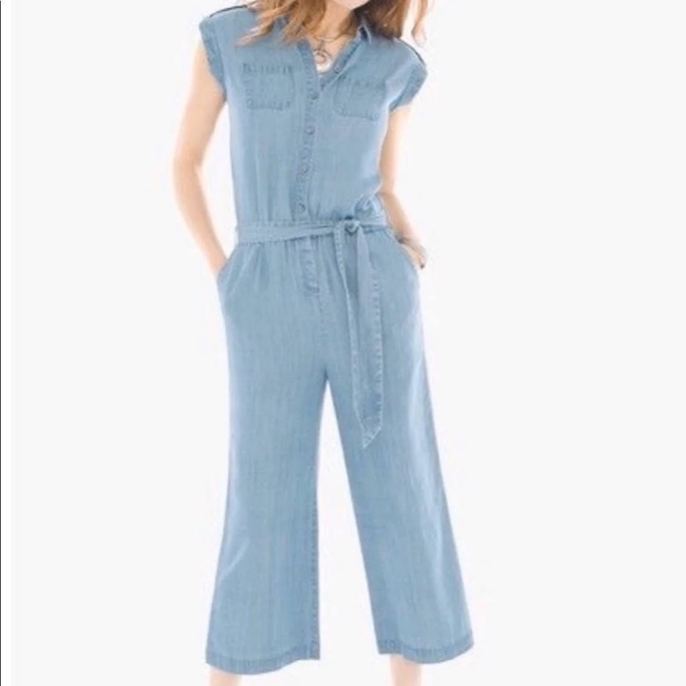 Chambray Denim Cropped Wide Leg Jumpsuit Spring